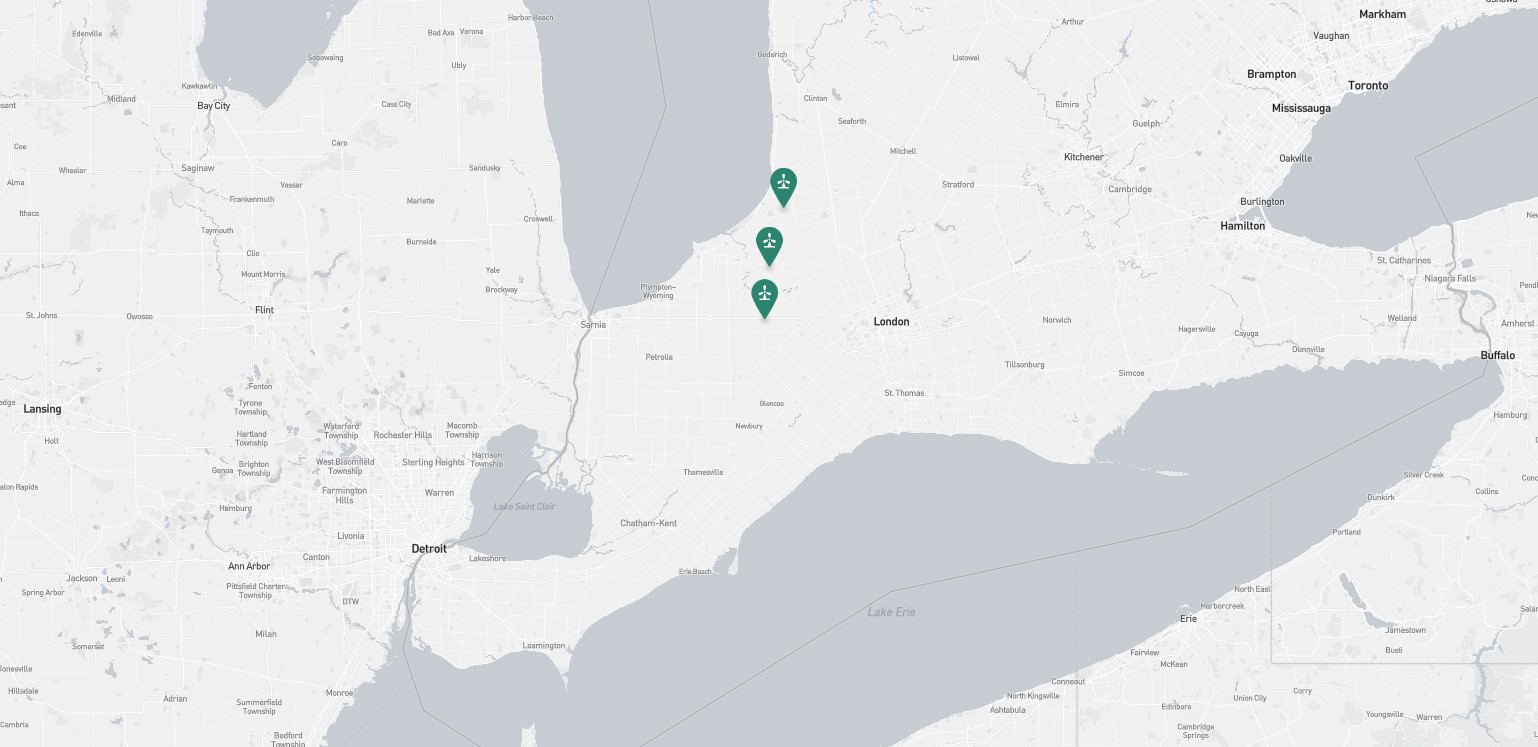 Multiple project locations marked on a map showing a small section of the Great Lakes region