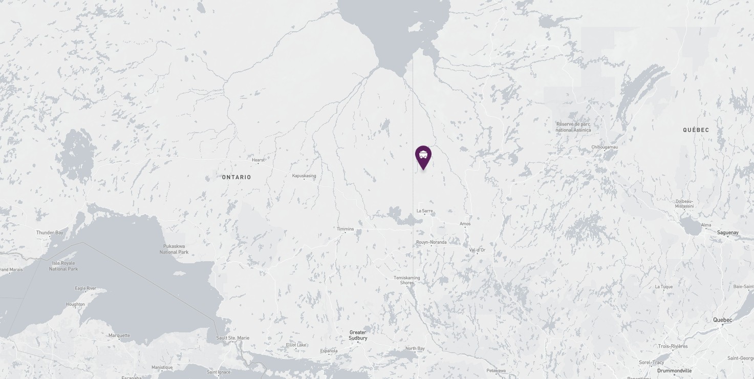 Project location marked on a map showing a section of northern Ontario and Quebec