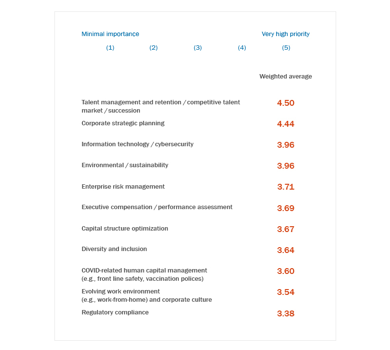 A table of survey results ranking board priorities.